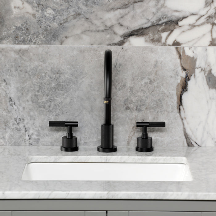 Kingston Sona KS8920KNL - Convergent Two-Handle 3-Hole Deck Mount Widespread Bathroom Faucet with Knurled Handle and Brass Pop-Up, Matte Black
