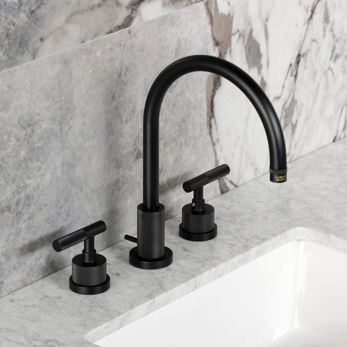 Kingston Sona KS8920KNL - Convergent Two-Handle 3-Hole Deck Mount Widespread Bathroom Faucet with Knurled Handle and Brass Pop-Up, Matte Black