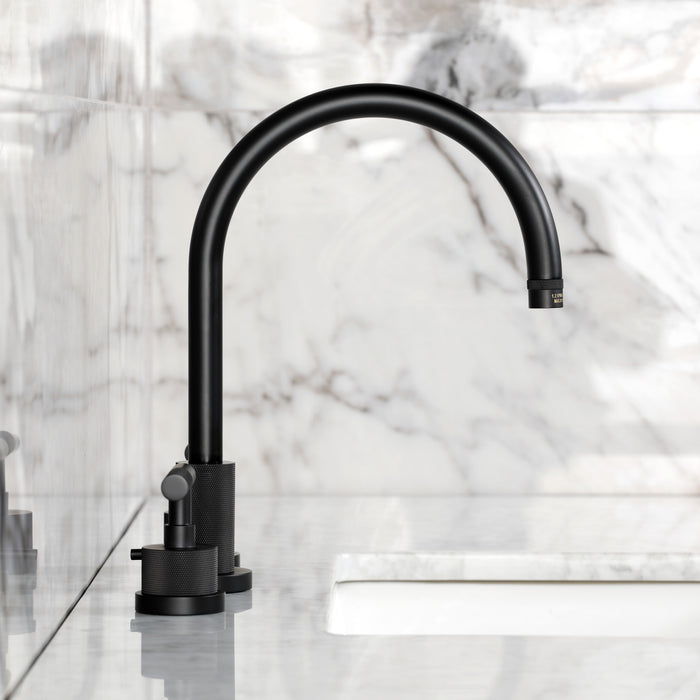 Kingston Sona KS8920KNL - Convergent Two-Handle 3-Hole Deck Mount Widespread Bathroom Faucet with Knurled Handle and Brass Pop-Up, Matte Black