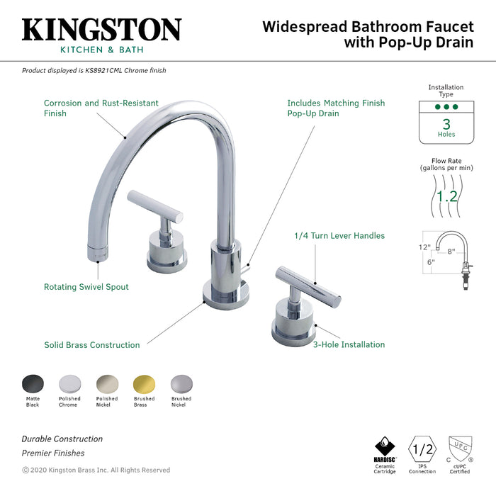 Kingston Sona KS8921CML - Manhattan Two-Handle 3-Hole Deck Mount Widespread Bathroom Faucet with Brass Pop-Up, Polished Chrome