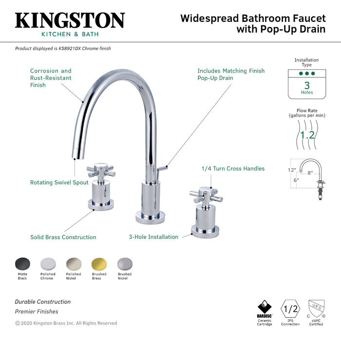 Kingston Sona KS8921DX - Concord Two-Handle 3-Hole Deck Mount Widespread Bathroom Faucet with Brass Pop-Up, Polished Chrome