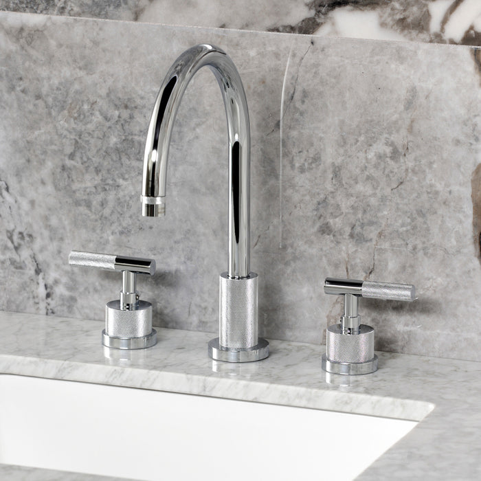 Kingston Sona KS8921KNL - Convergent Two-Handle 3-Hole Deck Mount Widespread Bathroom Faucet with Knurled Handle and Brass Pop-Up, Polished Chrome