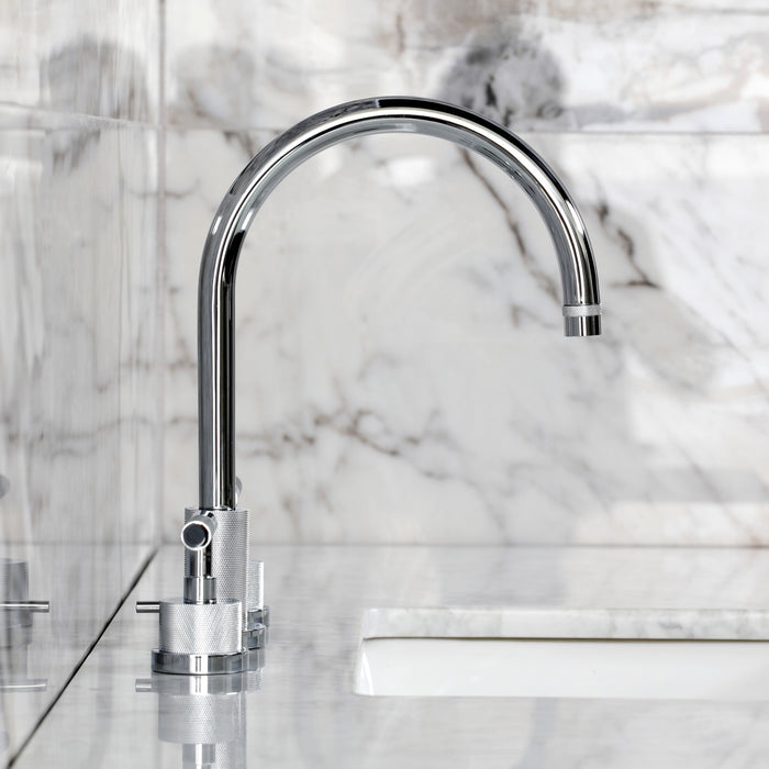 Kingston Sona KS8921KNL - Convergent Two-Handle 3-Hole Deck Mount Widespread Bathroom Faucet with Knurled Handle and Brass Pop-Up, Polished Chrome