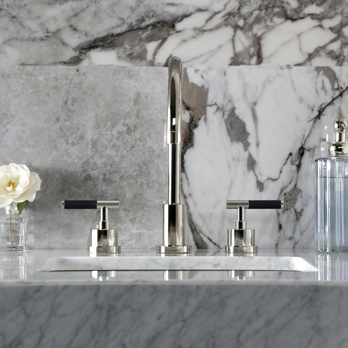 Kingston Sona KS8926CKL - Kaiser Two-Handle 3-Hole Deck Mount Widespread Bathroom Faucet with Brass Pop-Up, Polished Nickel