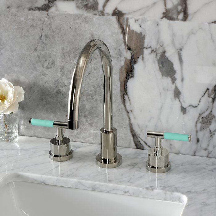 Kingston Sona KS8926CKL - Kaiser Two-Handle 3-Hole Deck Mount Widespread Bathroom Faucet with Brass Pop-Up, Polished Nickel