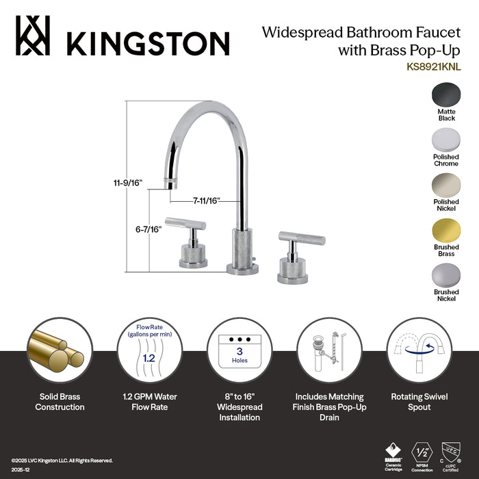 Kingston Sona KS8926KNL - Convergent Two-Handle 3-Hole Deck Mount Widespread Bathroom Faucet with Knurled Handle and Brass Pop-Up, Polished Nickel