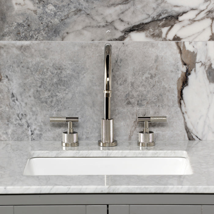 Kingston Sona KS8926KNL - Convergent Two-Handle 3-Hole Deck Mount Widespread Bathroom Faucet with Knurled Handle and Brass Pop-Up, Polished Nickel