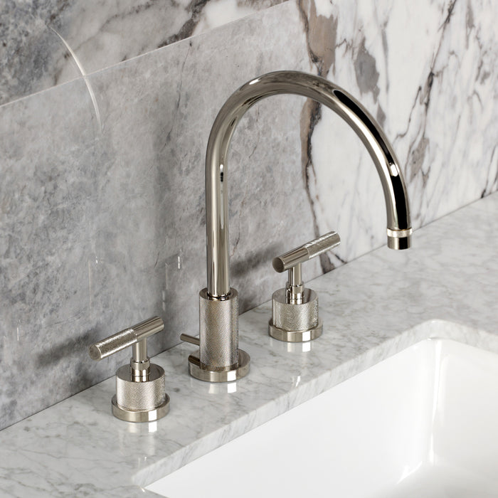 Kingston Sona KS8926KNL - Convergent Two-Handle 3-Hole Deck Mount Widespread Bathroom Faucet with Knurled Handle and Brass Pop-Up, Polished Nickel