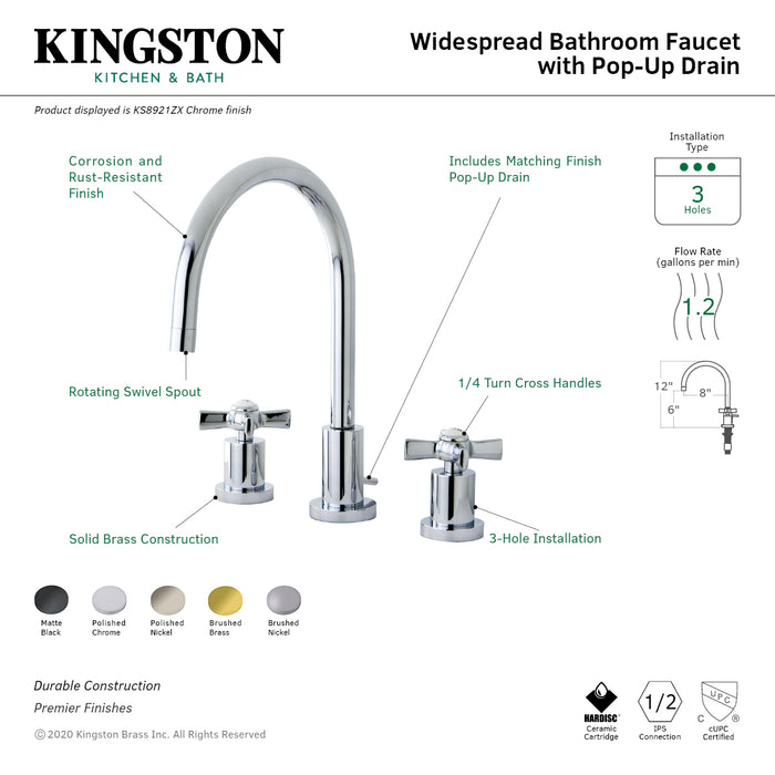 Kingston Tulare KS8926ZX - Millennium Two-Handle 3-Hole Deck Mount Widespread Bathroom Faucet with Brass Pop-Up, Polished Nickel