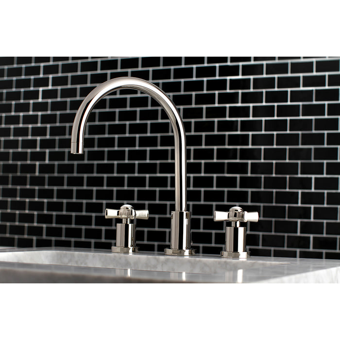 Kingston Tulare KS8926ZX - Millennium Two-Handle 3-Hole Deck Mount Widespread Bathroom Faucet with Brass Pop-Up, Polished Nickel