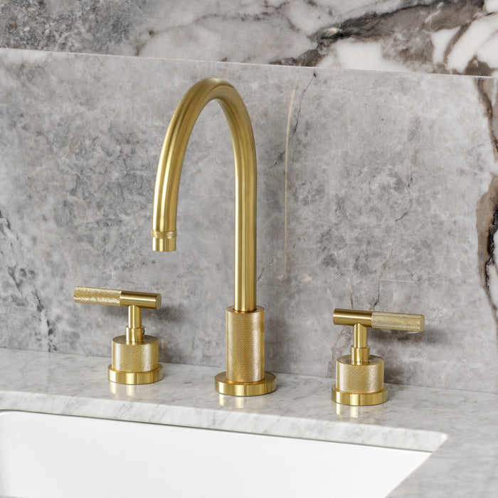 Kingston Sona KS8927KNL - Convergent Two-Handle 3-Hole Deck Mount Widespread Bathroom Faucet with Knurled Handle and Brass Pop-Up, Brushed Brass