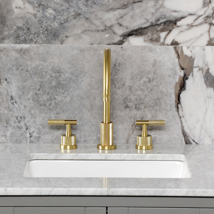 Kingston Sona KS8927KNL - Convergent Two-Handle 3-Hole Deck Mount Widespread Bathroom Faucet with Knurled Handle and Brass Pop-Up, Brushed Brass