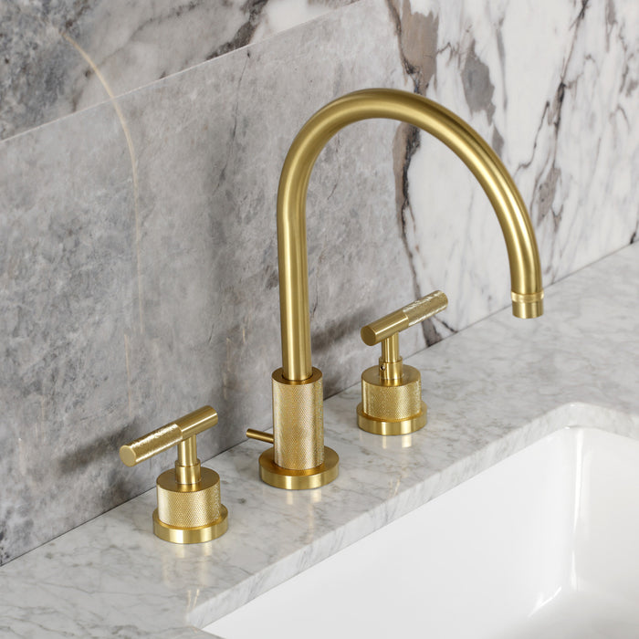 Kingston Sona KS8927KNL - Convergent Two-Handle 3-Hole Deck Mount Widespread Bathroom Faucet with Knurled Handle and Brass Pop-Up, Brushed Brass
