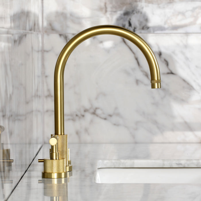 Kingston Sona KS8927KNL - Convergent Two-Handle 3-Hole Deck Mount Widespread Bathroom Faucet with Knurled Handle and Brass Pop-Up, Brushed Brass