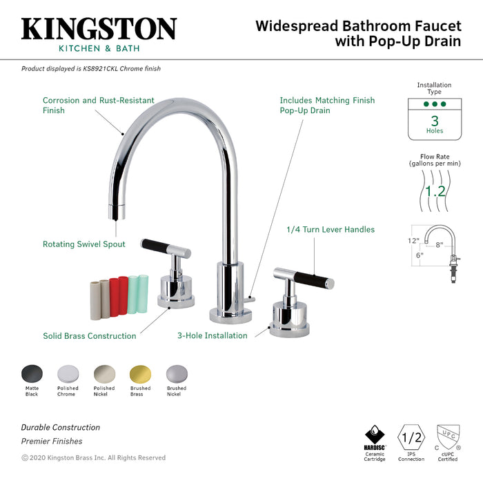 Kingston Sona KS8928CKL - Kaiser Two-Handle 3-Hole Deck Mount Widespread Bathroom Faucet with Brass Pop-Up, Brushed Nickel