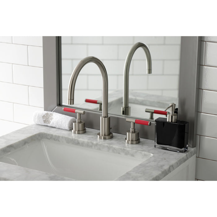 Kingston Sona KS8928CKL - Kaiser Two-Handle 3-Hole Deck Mount Widespread Bathroom Faucet with Brass Pop-Up, Brushed Nickel