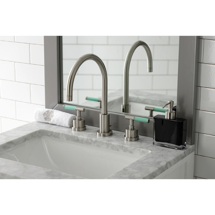 Kingston Sona KS8928CKL - Kaiser Two-Handle 3-Hole Deck Mount Widespread Bathroom Faucet with Brass Pop-Up, Brushed Nickel