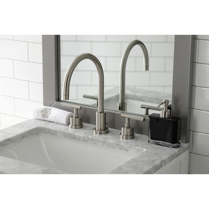 Kingston Sona KS8928CKL - Kaiser Two-Handle 3-Hole Deck Mount Widespread Bathroom Faucet with Brass Pop-Up, Brushed Nickel