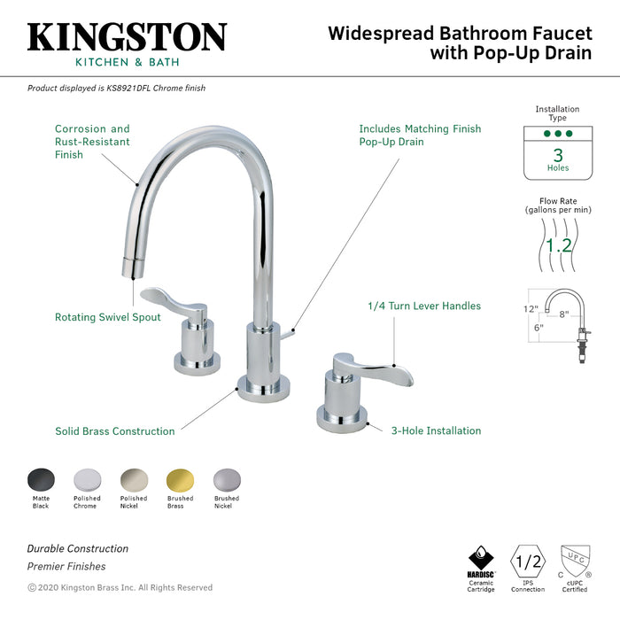 Kingston Tulare KS8928DFL - NuWave Two-Handle 3-Hole Deck Mount Widespread Bathroom Faucet with Brass Pop-Up, Brushed Nickel