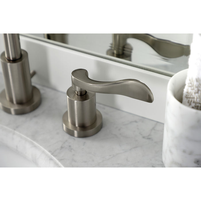 Kingston Tulare KS8928DFL - NuWave Two-Handle 3-Hole Deck Mount Widespread Bathroom Faucet with Brass Pop-Up, Brushed Nickel