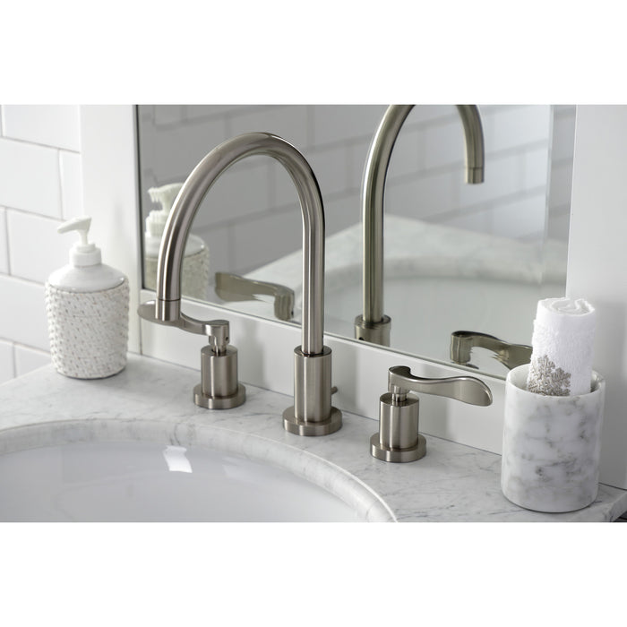 Kingston Tulare KS8928DFL - NuWave Two-Handle 3-Hole Deck Mount Widespread Bathroom Faucet with Brass Pop-Up, Brushed Nickel