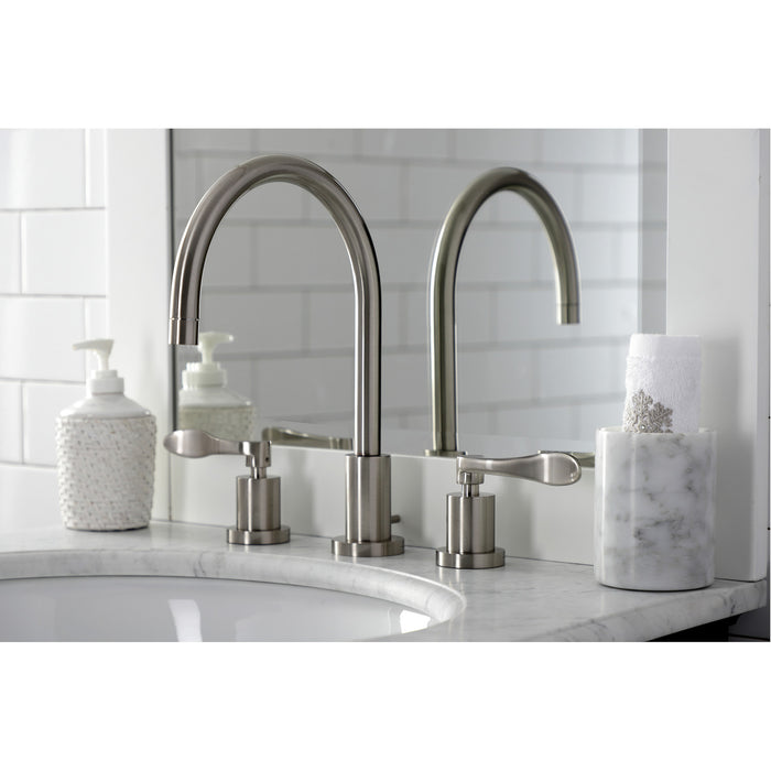 Kingston Tulare KS8928DFL - NuWave Two-Handle 3-Hole Deck Mount Widespread Bathroom Faucet with Brass Pop-Up, Brushed Nickel