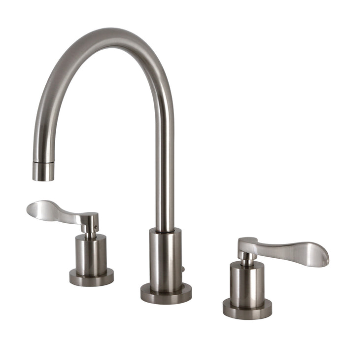 Kingston Tulare KS8928DFL - NuWave Two-Handle 3-Hole Deck Mount Widespread Bathroom Faucet with Brass Pop-Up, Brushed Nickel