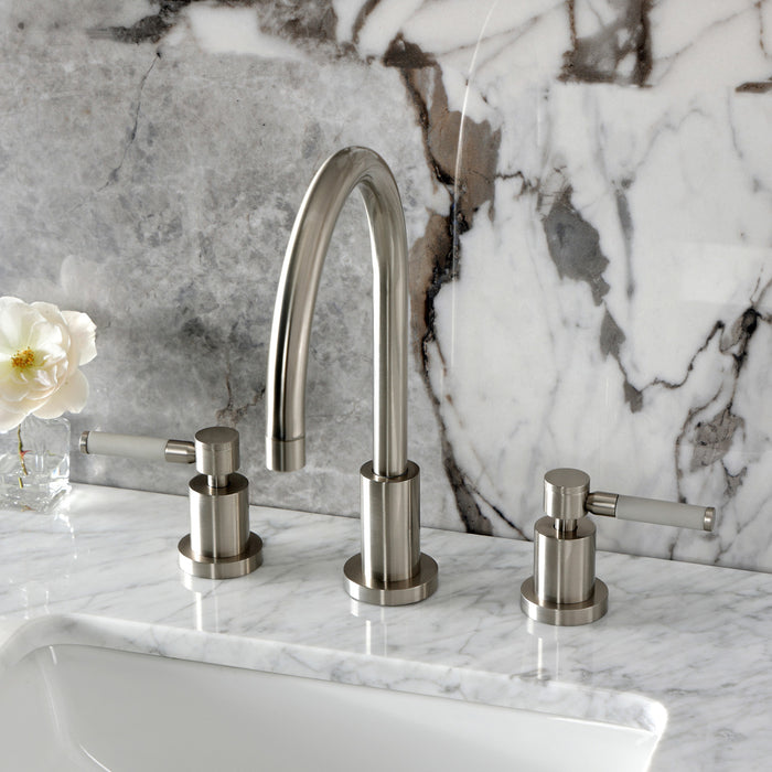 Kingston Sona KS8928DKL - Kaiser Two-Handle 3-Hole Deck Mount Widespread Bathroom Faucet with Brass Pop-Up, Brushed Nickel