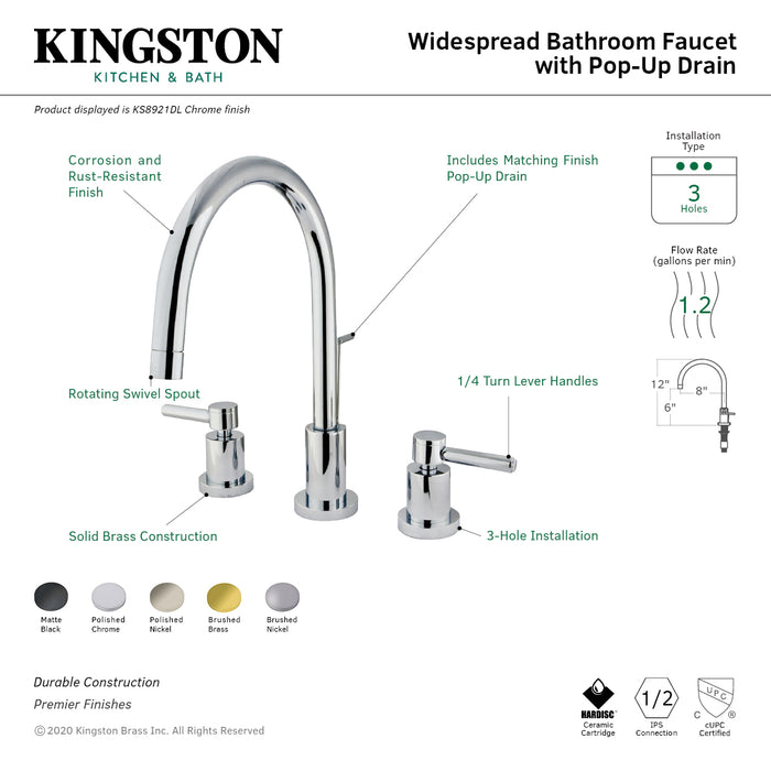 Kingston Sona KS8928DL - Concord Two-Handle 3-Hole Deck Mount Widespread Bathroom Faucet with Brass Pop-Up, Brushed Nickel