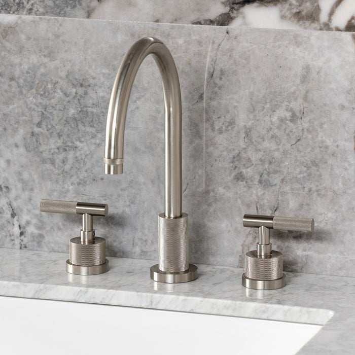 Kingston Sona KS8928KNL - Convergent Two-Handle 3-Hole Deck Mount Widespread Bathroom Faucet with Knurled Handle and Brass Pop-Up, Brushed Nickel
