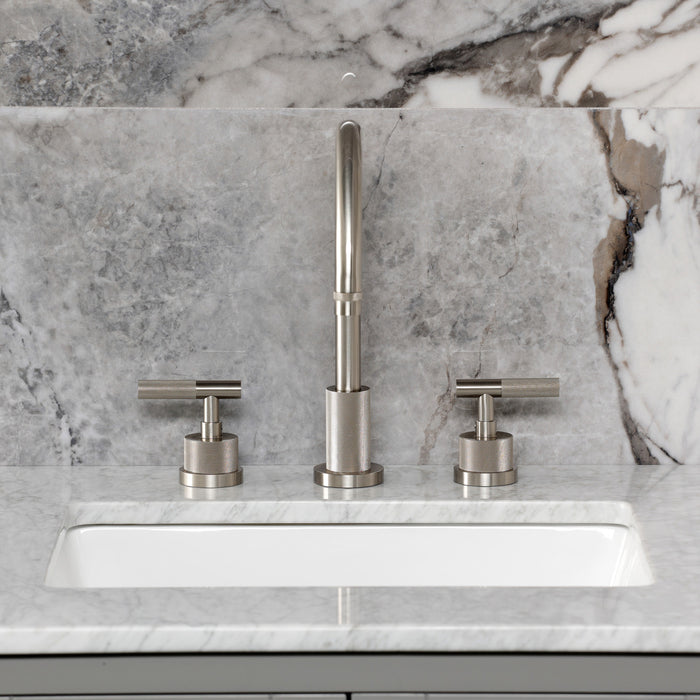 Kingston Sona KS8928KNL - Convergent Two-Handle 3-Hole Deck Mount Widespread Bathroom Faucet with Knurled Handle and Brass Pop-Up, Brushed Nickel