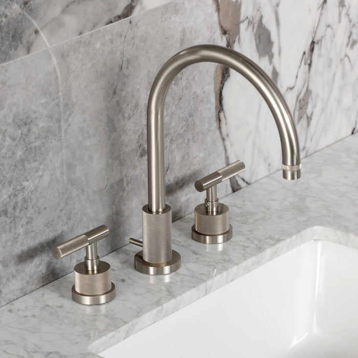 Kingston Sona KS8928KNL - Convergent Two-Handle 3-Hole Deck Mount Widespread Bathroom Faucet with Knurled Handle and Brass Pop-Up, Brushed Nickel