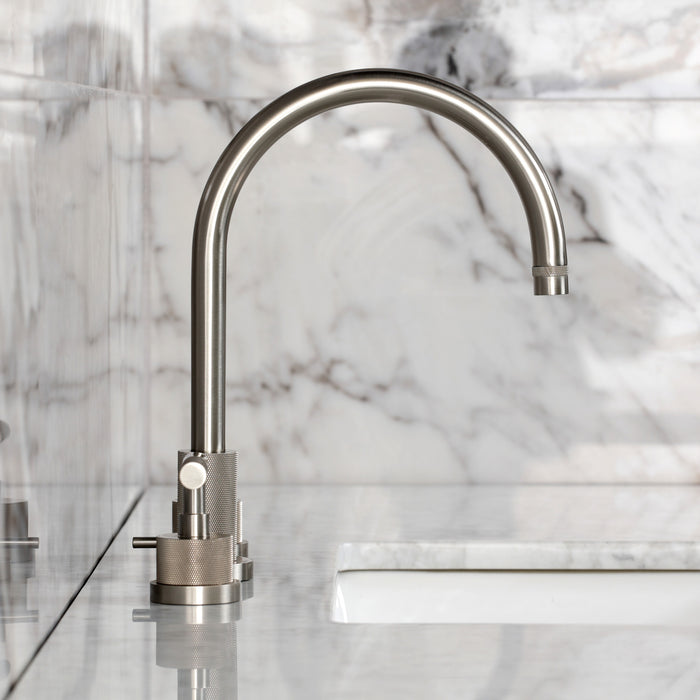 Kingston Sona KS8928KNL - Convergent Two-Handle 3-Hole Deck Mount Widespread Bathroom Faucet with Knurled Handle and Brass Pop-Up, Brushed Nickel