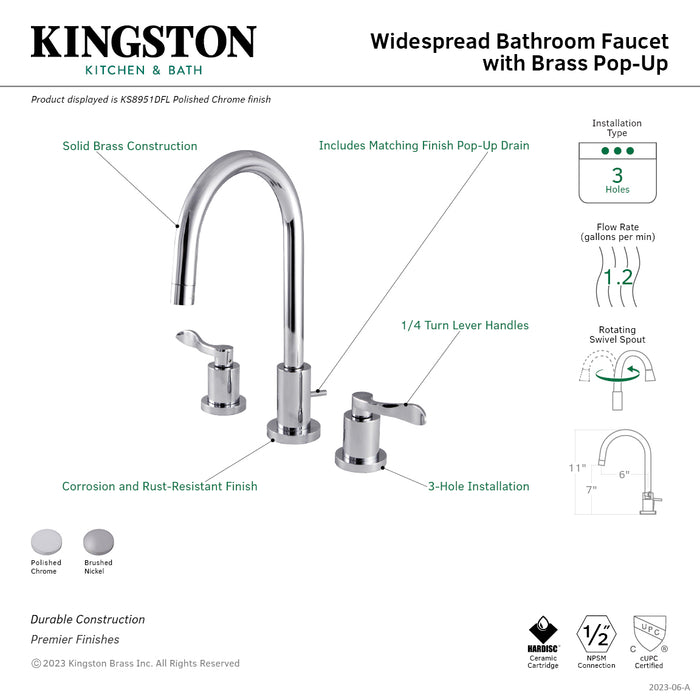 KS8951DFL Two-Handle 3-Hole Deck Mount Widespread Bathroom Faucet with Brass Pop-Up, Polished Chrome