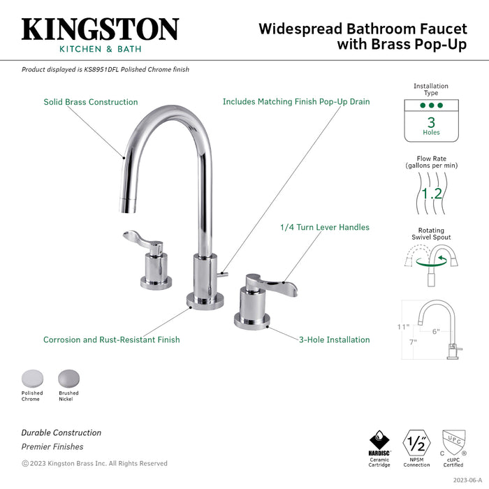 Kingston Tulare KS8951DFLTwo-Handle 3-Hole Deck Mount Widespread Bathroom Faucet with Brass Pop-Up, Polished Chrome
