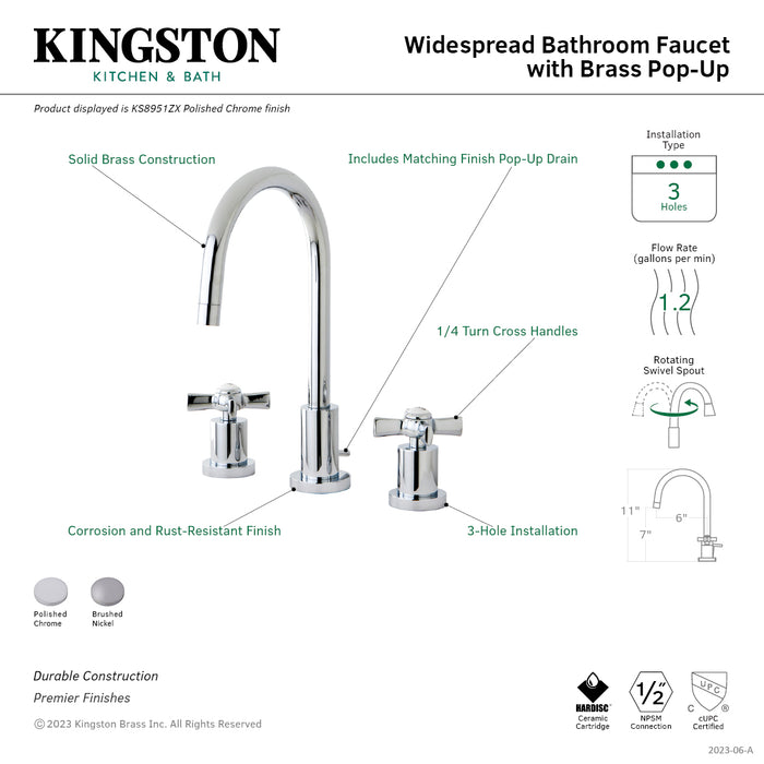 Kingston Sona KS8951ZX - Millennium Two-Handle 3-Hole Deck Mount Widespread Bathroom Faucet with Brass Pop-Up, Polished Chrome