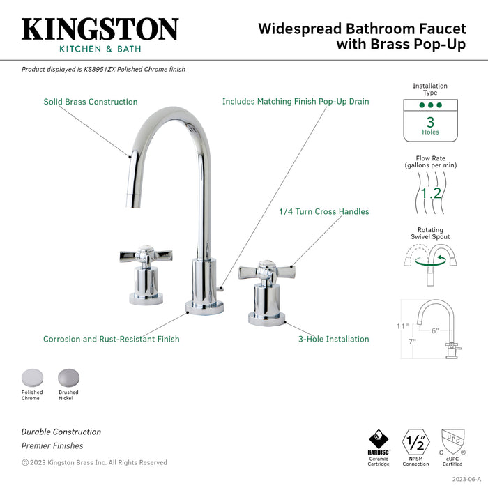 Millennium KS8951ZX Two-Handle 3-Hole Deck Mount Widespread Bathroom Faucet with Brass Pop-Up, Polished Chrome