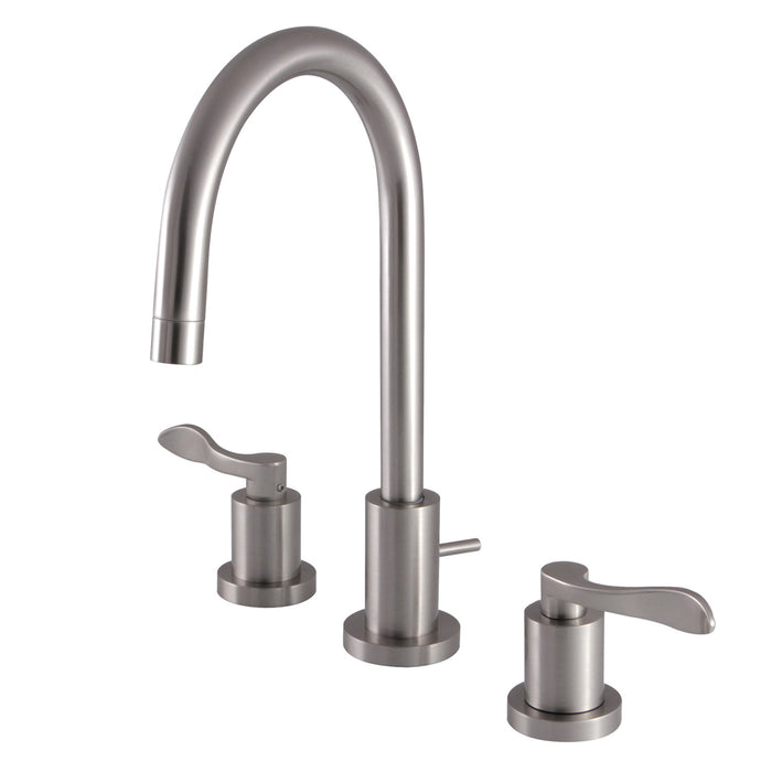 Kingston Tulare KS8958DFLTwo-Handle 3-Hole Deck Mount Widespread Bathroom Faucet with Brass Pop-Up, Brushed Nickel