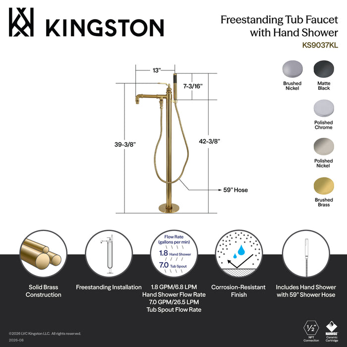 Kingston Whitaker KS9030KL Single-Handle 1-Hole Freestanding Tub Faucet with Hand Shower, Matte Black