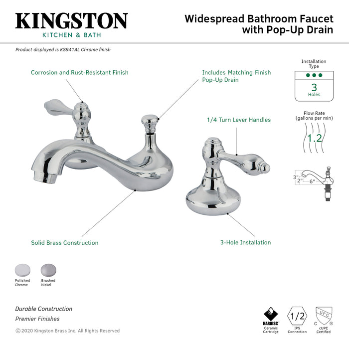 Kingston Heirloom KS941ALTwo-Handle 3-Hole Deck Mount Widespread Bathroom Faucet with ABS Pop-Up Drain, Polished Chrome