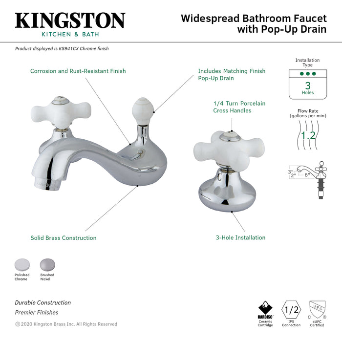 Kingston Heirloom KS941CXTwo-Handle 3-Hole Deck Mount Widespread Bathroom Faucet with ABS Pop-Up Drain, Polished Chrome