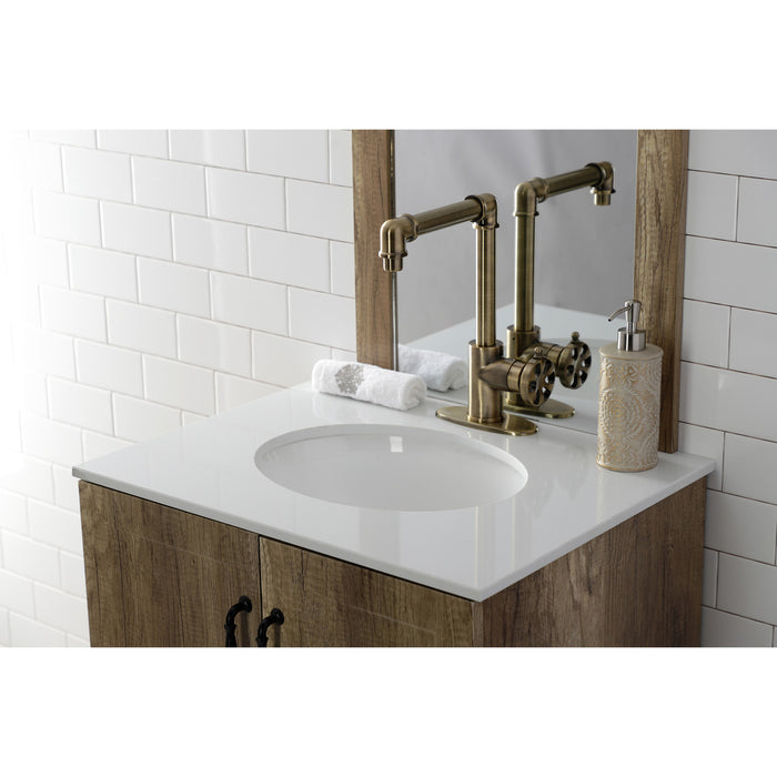 Kingston Sona KSD144RXAB - Belknap One-Handle 1-Hole Bathroom Faucet with Deck Plate and Push Pop-Up Drain, Antique Brass