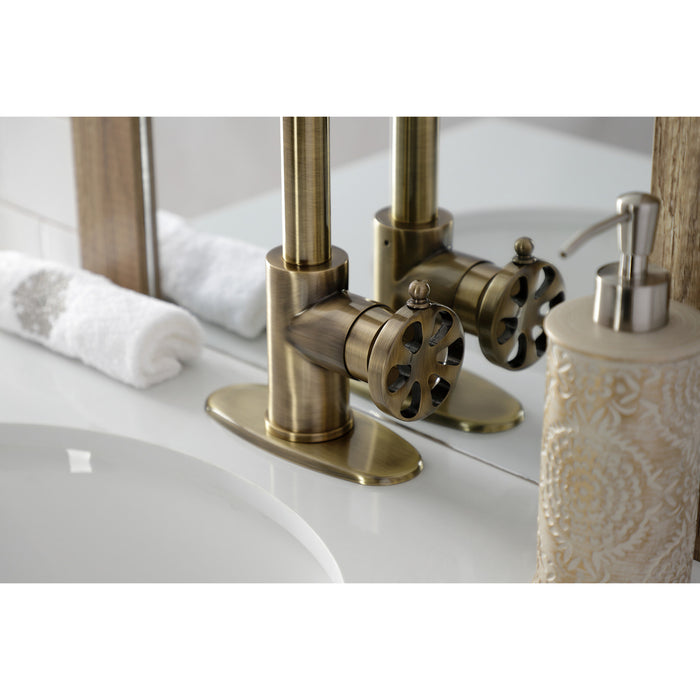 Kingston Sona KSD144RXAB - Belknap One-Handle 1-Hole Bathroom Faucet with Deck Plate and Push Pop-Up Drain, Antique Brass