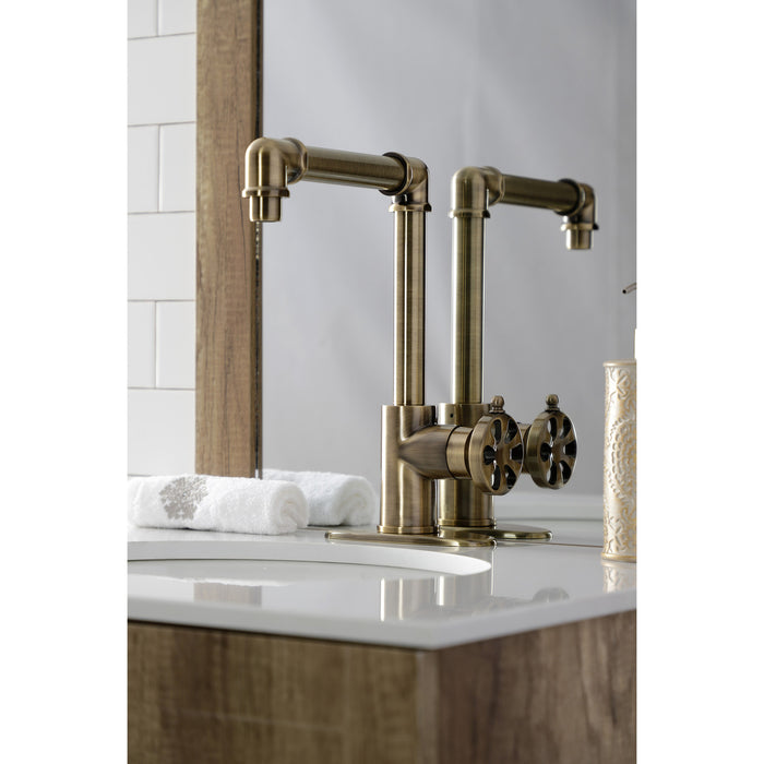Kingston Sona KSD144RXAB - Belknap One-Handle 1-Hole Bathroom Faucet with Deck Plate and Push Pop-Up Drain, Antique Brass