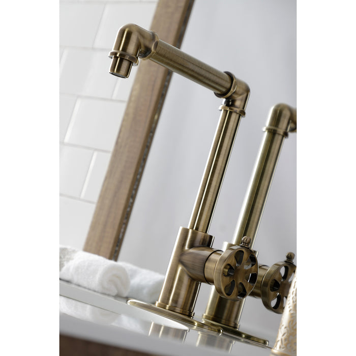 Kingston Sona KSD144RXAB - Belknap One-Handle 1-Hole Bathroom Faucet with Deck Plate and Push Pop-Up Drain, Antique Brass