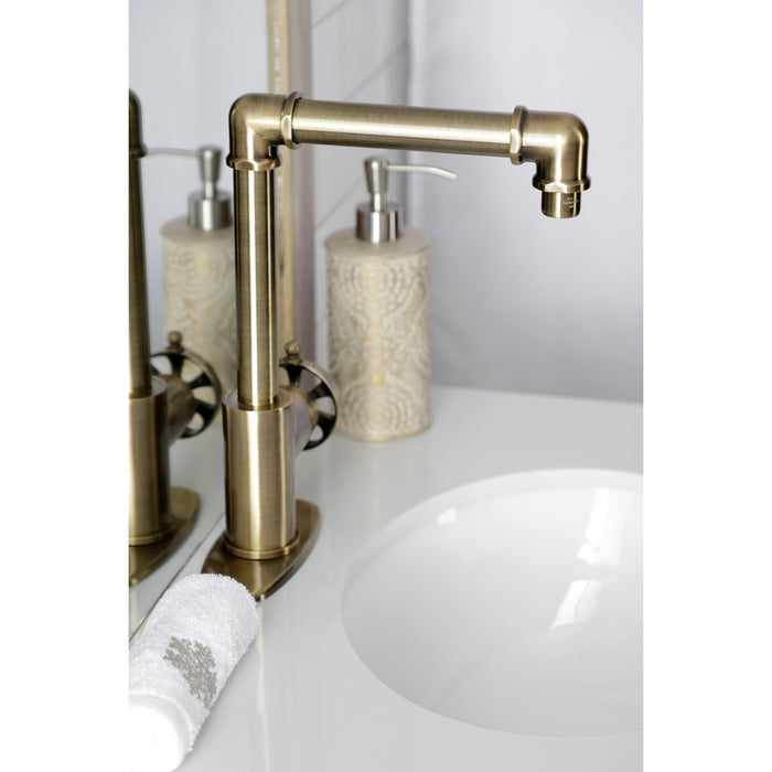 Kingston Sona KSD144RXAB - Belknap One-Handle 1-Hole Bathroom Faucet with Deck Plate and Push Pop-Up Drain, Antique Brass
