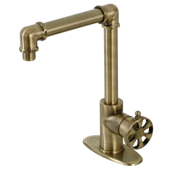 Kingston Sona KSD144RXAB - Belknap One-Handle 1-Hole Bathroom Faucet with Deck Plate and Push Pop-Up Drain, Antique Brass