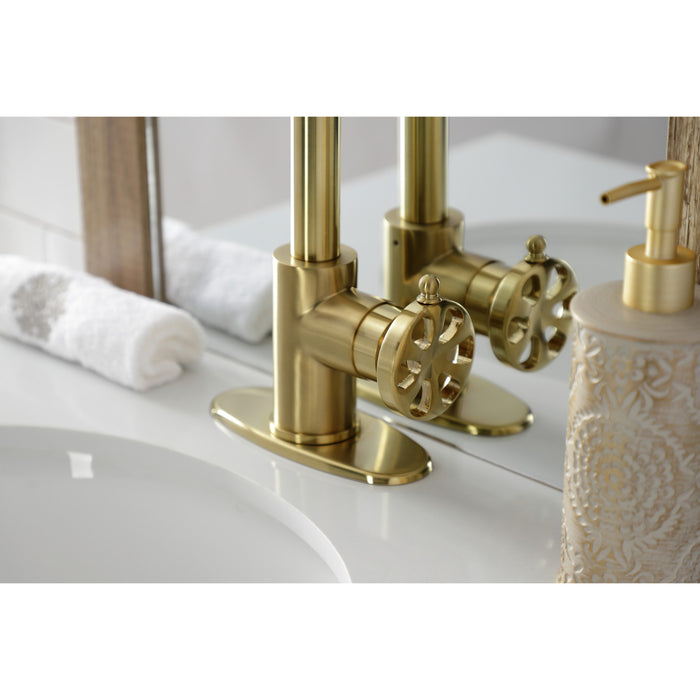 Kingston Sona KSD144RXBB - Belknap One-Handle 1-Hole Bathroom Faucet with Deck Plate and Push Pop-Up Drain, Brushed Brass