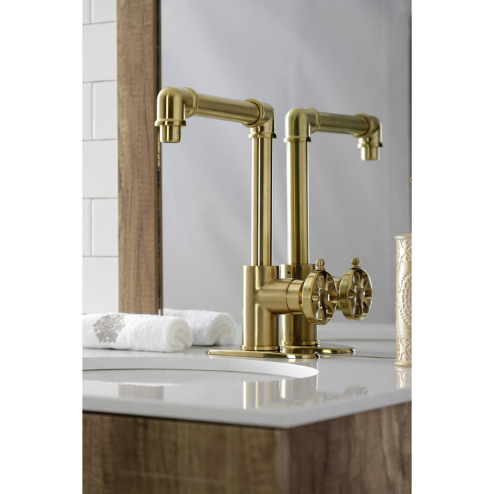 Kingston Sona KSD144RXBB - Belknap One-Handle 1-Hole Bathroom Faucet with Deck Plate and Push Pop-Up Drain, Brushed Brass