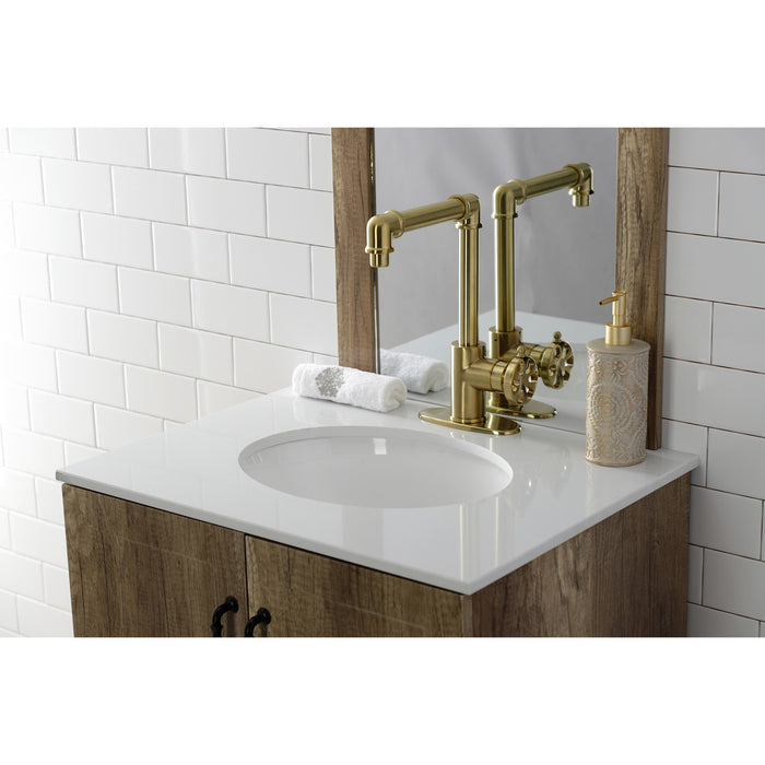 Kingston Sona KSD144RXBB - Belknap One-Handle 1-Hole Bathroom Faucet with Deck Plate and Push Pop-Up Drain, Brushed Brass